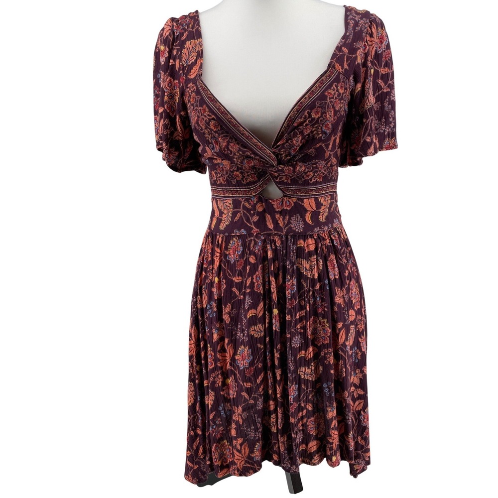 Angie Mini Dress Womens Small Burgundy Floral Western Boho Puff Sleeve Cottage